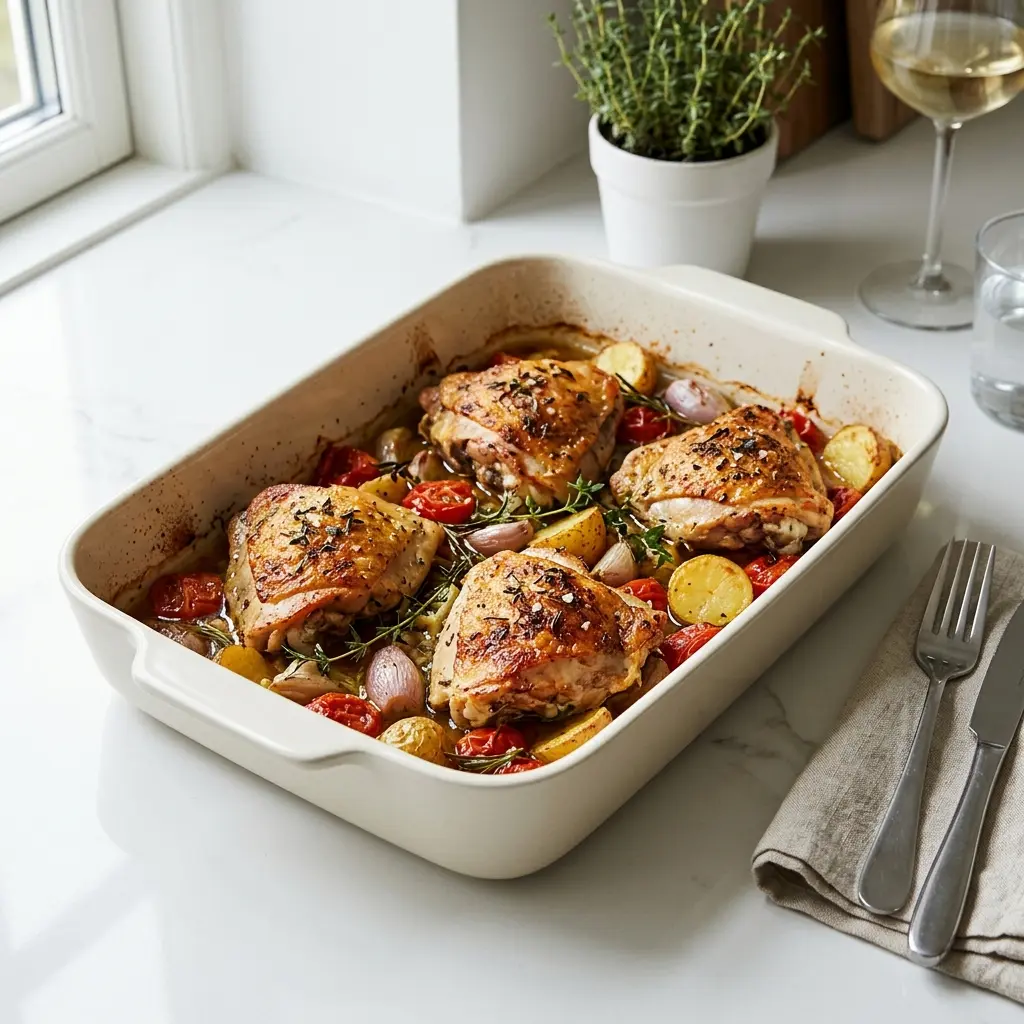 Et lækkert og veltilberedt kyllingeoverlår i fad serveret med ovnstegte grøntsager og en cremet sauce