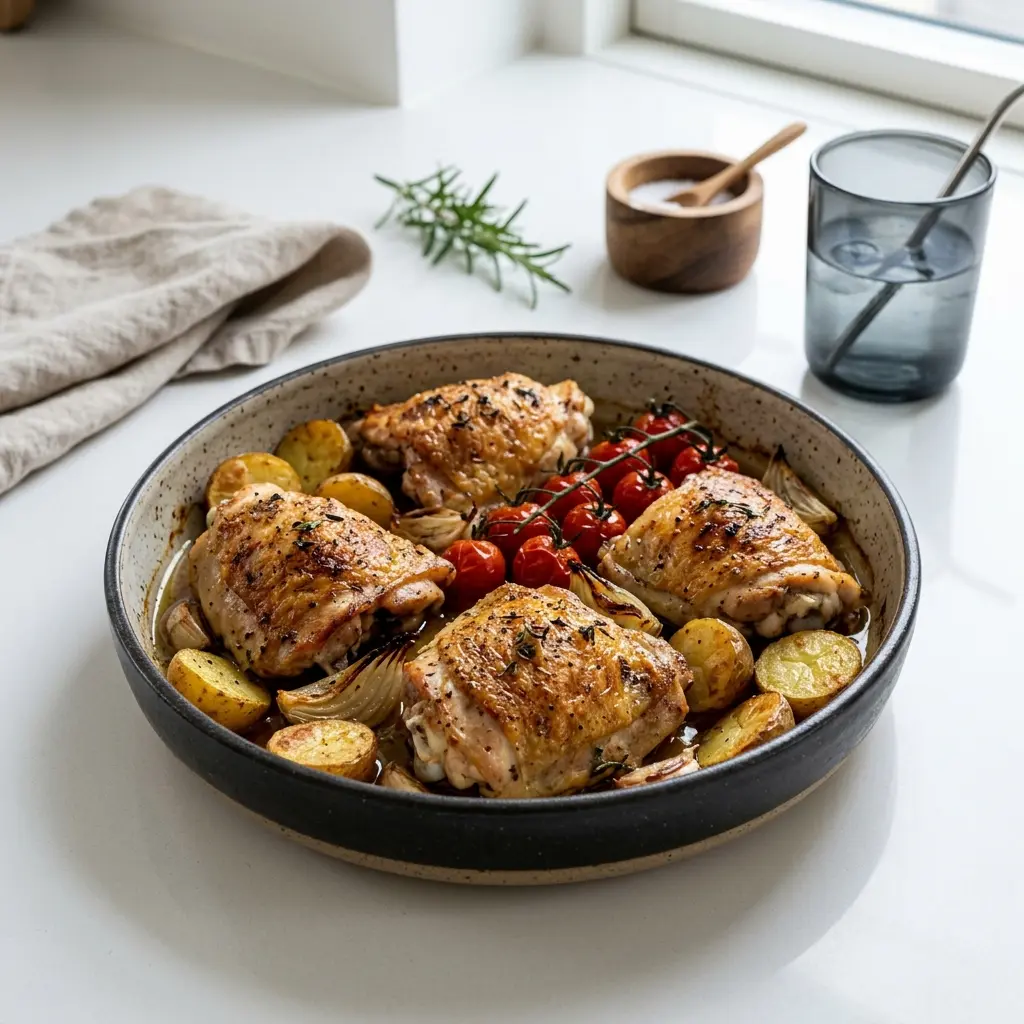 Et lækkert billede af saftige kyllingeoverlår i ovn serveret med sprødt skind og krydderurter