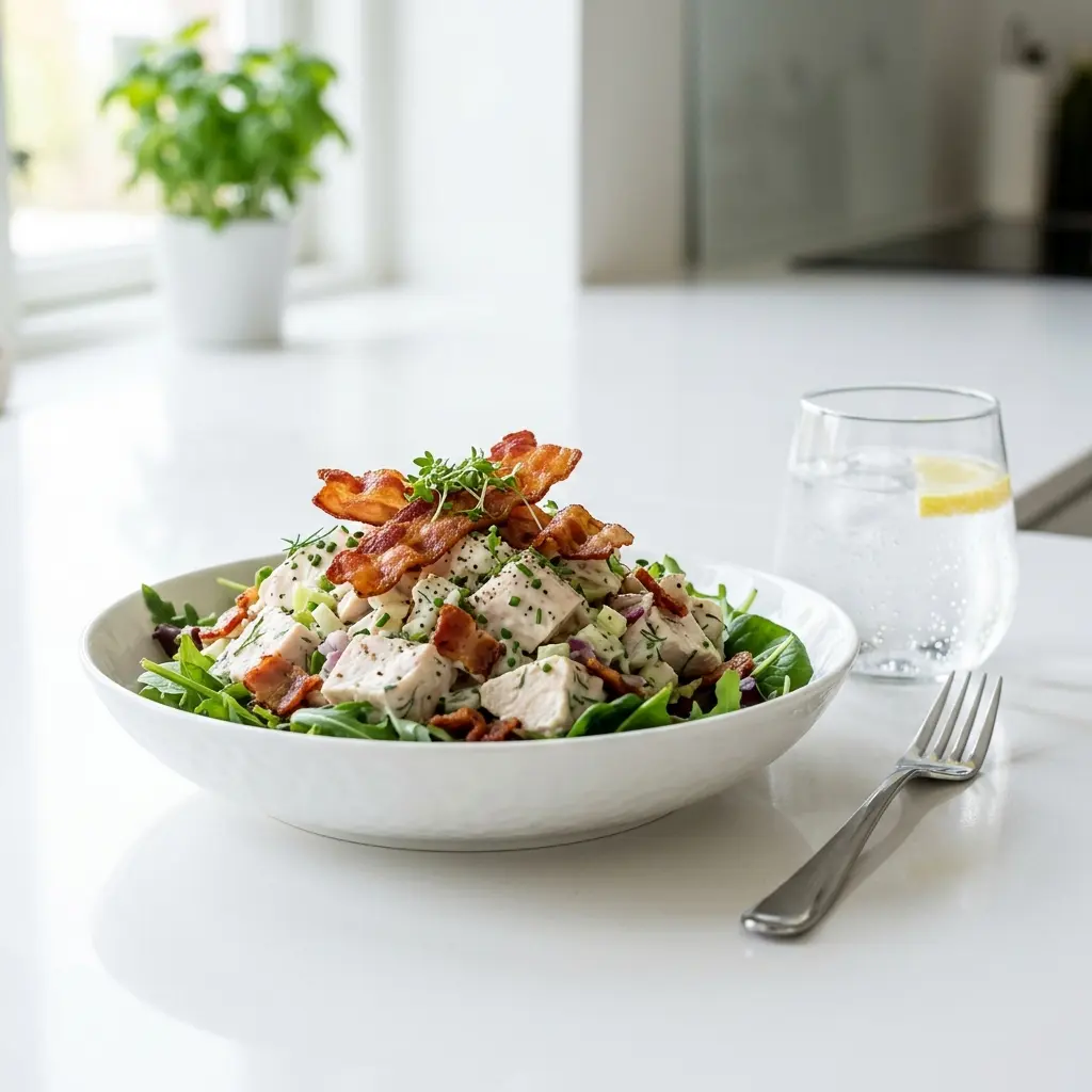 En lækker hjemmelavet kyllingesalat med bacon serveret i en skål klar til at blive spist