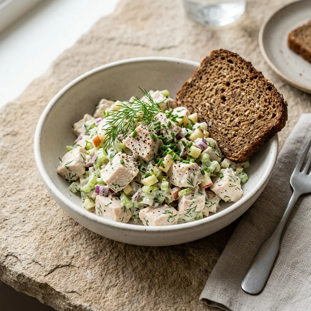 En lækker hjemmelavet kyllingesalat til rugbrød serveret i en skål klar til frokostbordet