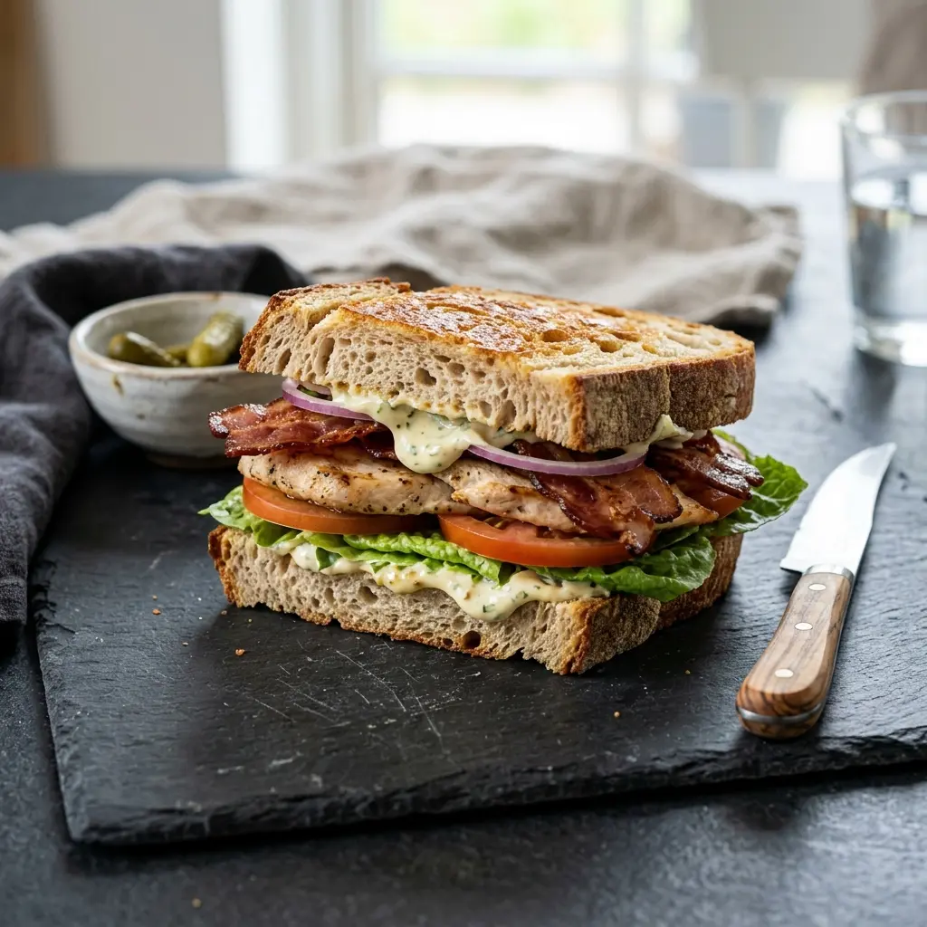 En lækker og sprød kyllingesandwich med bacon serveret på en tallerken klar til at blive spist