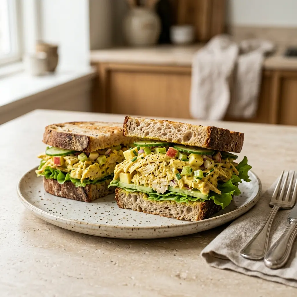 En lækker og velsmagende kyllingesandwich med karry serveret som en nem og hurtig frokostret