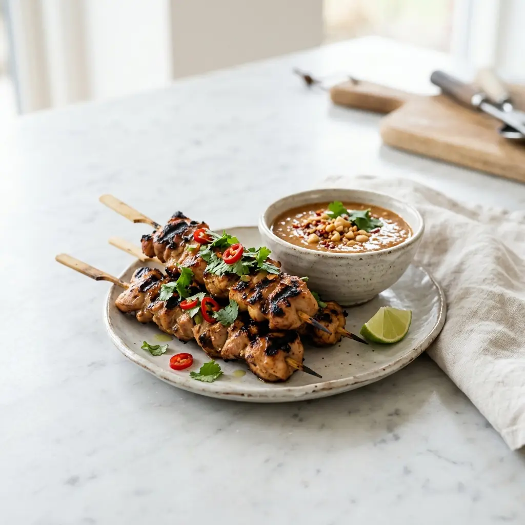 En lækker tallerken med hjemmelavet kyllingesatay serveret med en cremet og velsmagende peanutsauce til middag