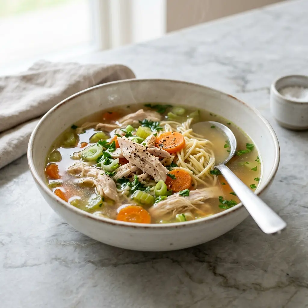 En varm og nærende skål hjemmelavet kyllingesuppe med nudler toppet med friske krydderurter og grøntsager