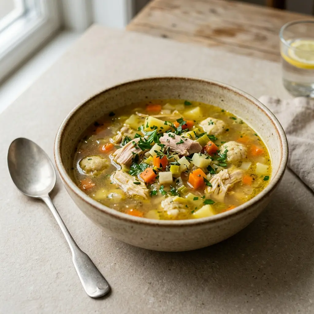 En varm og nærende hjemmelavet kyllingesuppe serveret i en dyb tallerken med friske krydderurter på toppen