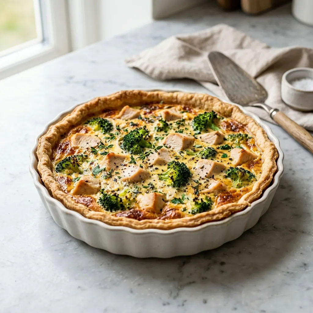 En lækker hjemmelavet kyllingetærte med broccoli serveret på en tallerken klar til at blive spist