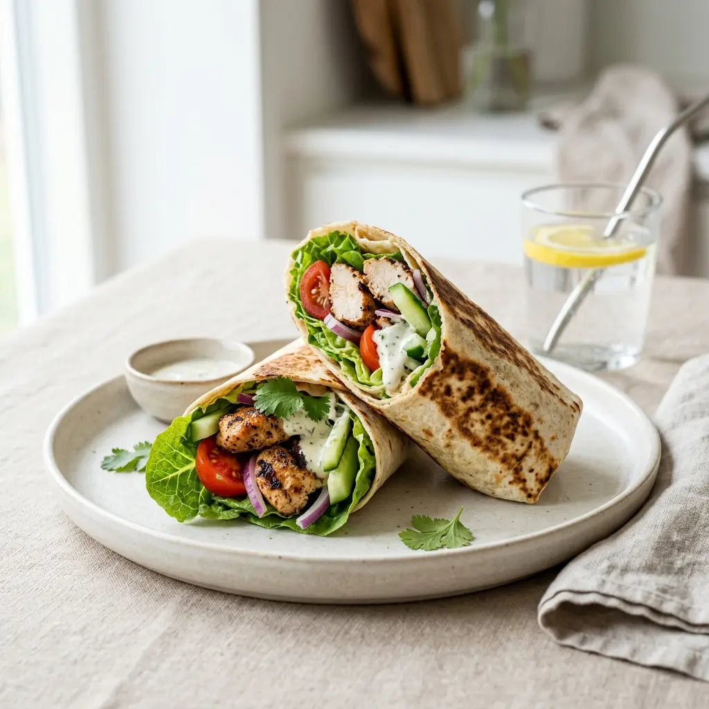 En lækker og frisk kyllingewrap anrettet på en tallerken klar til at blive spist til frokost