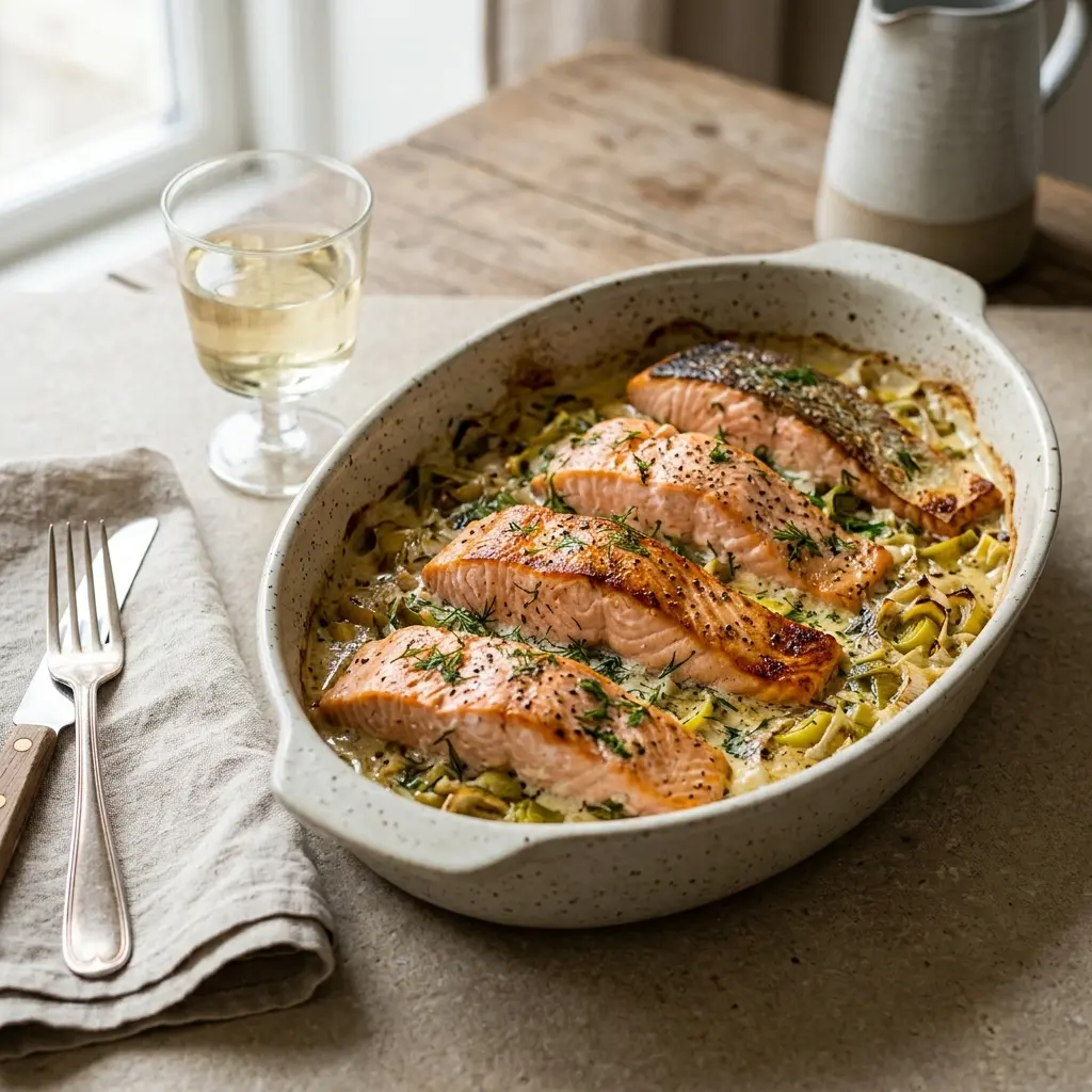 En lækker laks i fad med porrer bagt i ovnen med en cremet sauce og krydderurter