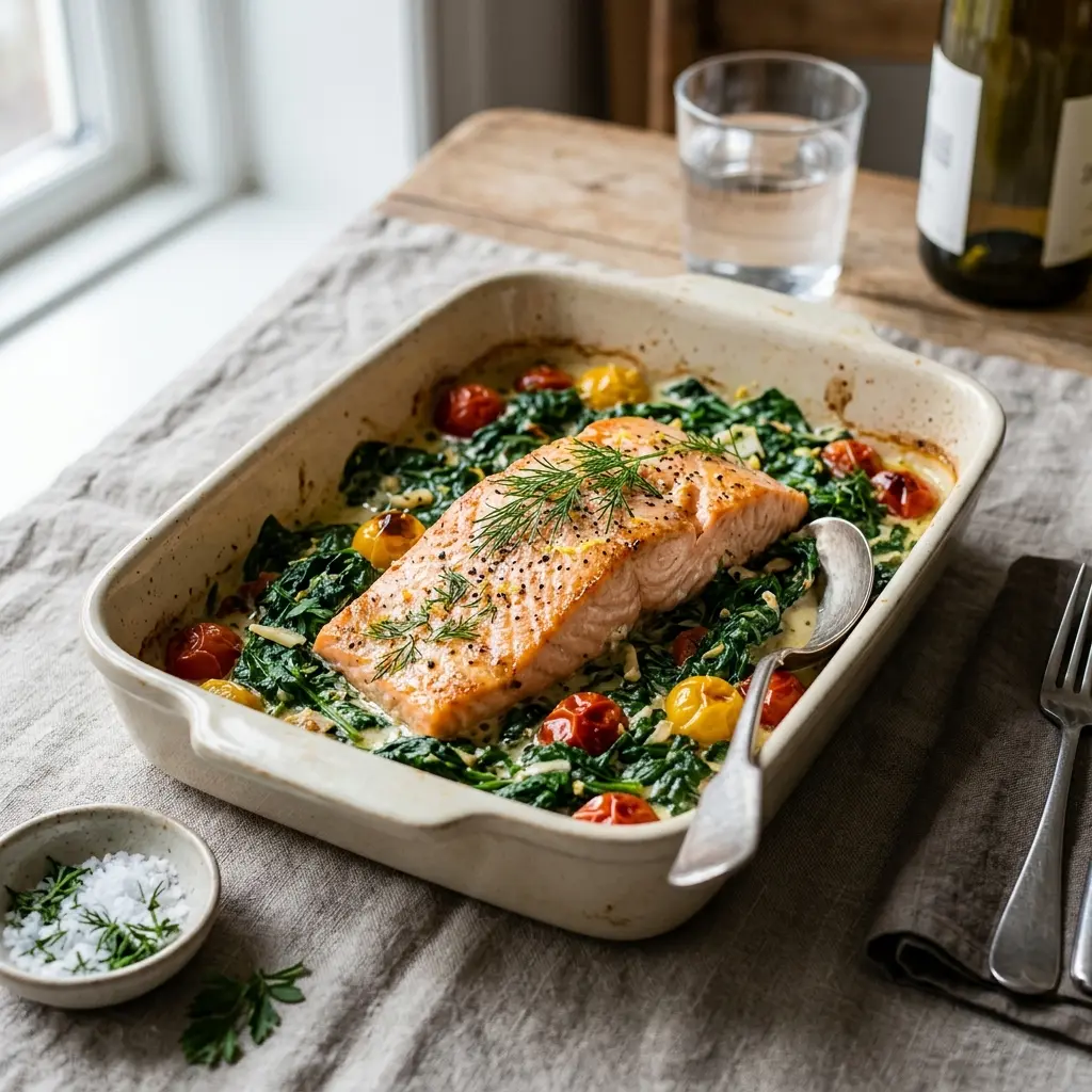En lækker og cremet laks i fad med spinat serveret direkte fra et ovnfast fad