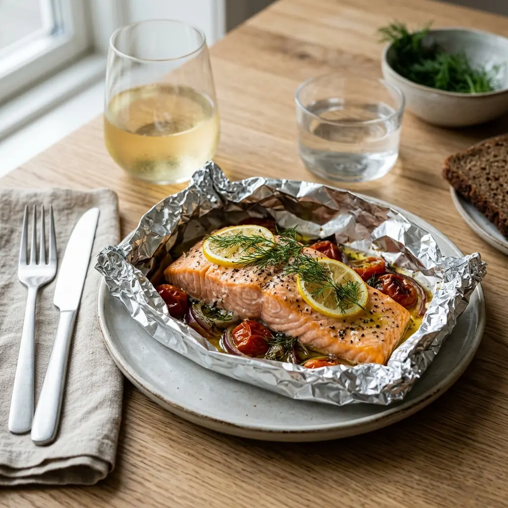En lækker og sund laks i folie serveret med friske grøntsager og krydderurter på tallerken