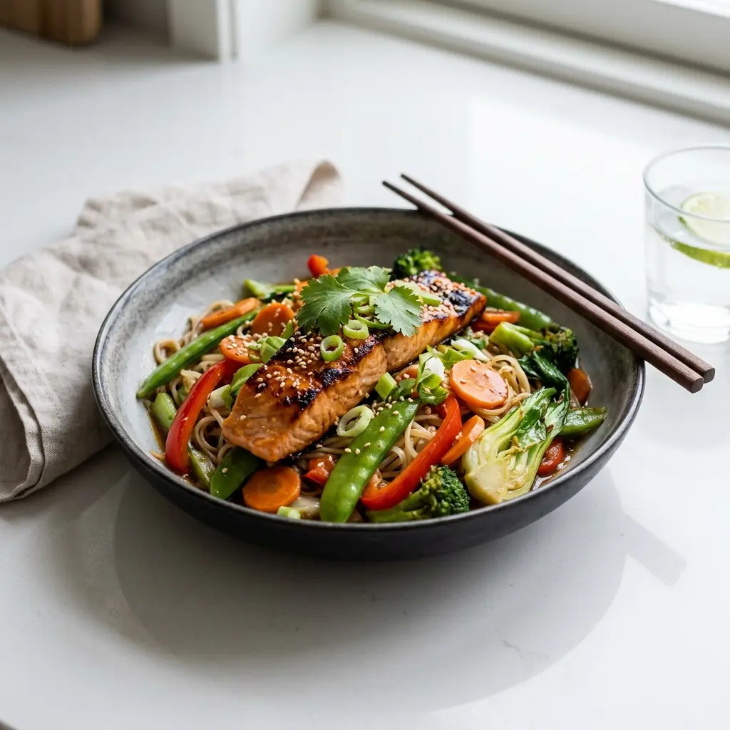 En farverig og sund ret med laks i wok serveret med friske grøntsager og nudler