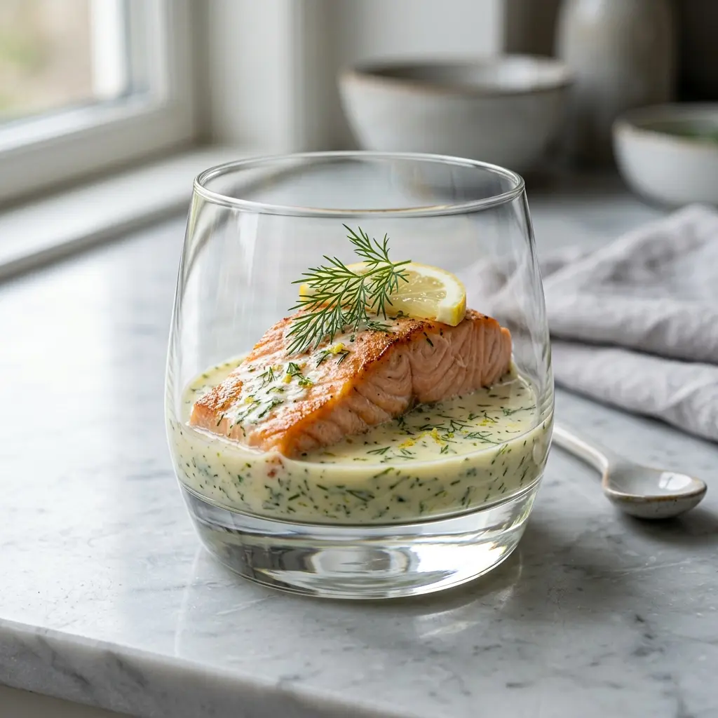 En lækker ovnbagt laks med citron og dild serveret på et flot hvidt serveringsfad