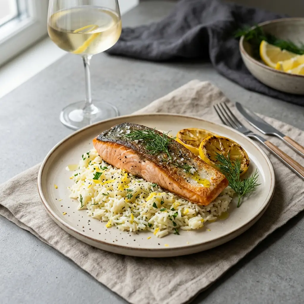 En lækker og sund anretning af ovnstegt laks med citronris serveret på en hvid tallerken