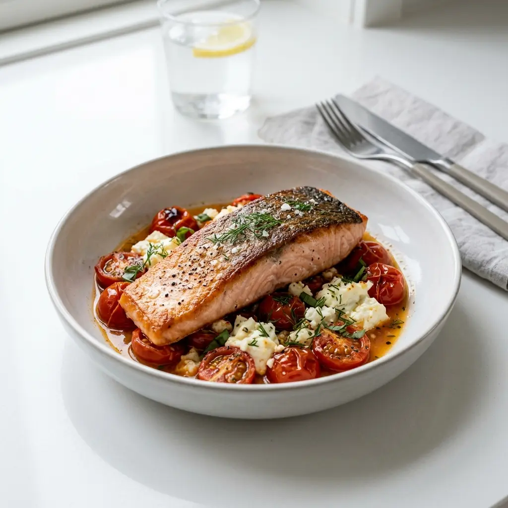 En lækker ovnbagt laks med feta og tomater serveret på en flot tallerken klar til servering