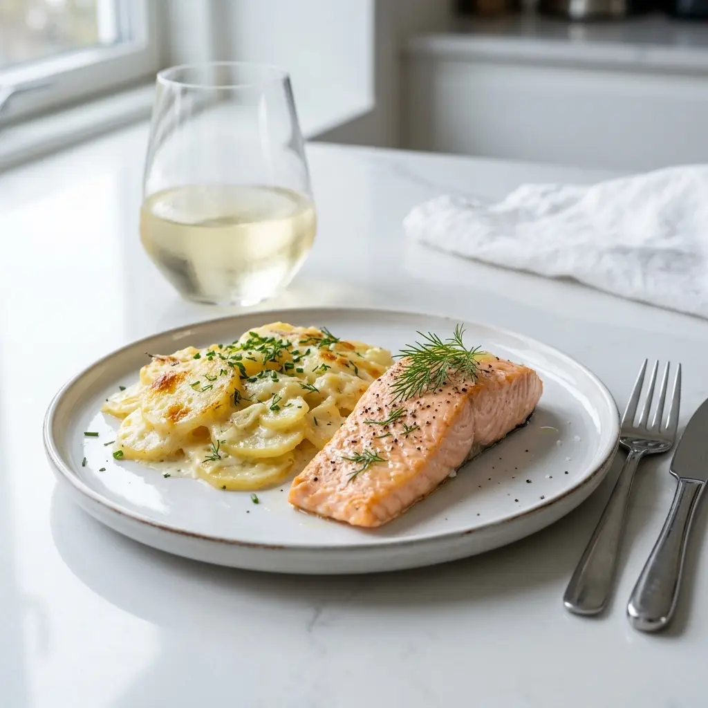 En lækker ovnbagt laks med flødekartofler serveret på en tallerken klar til at blive spist