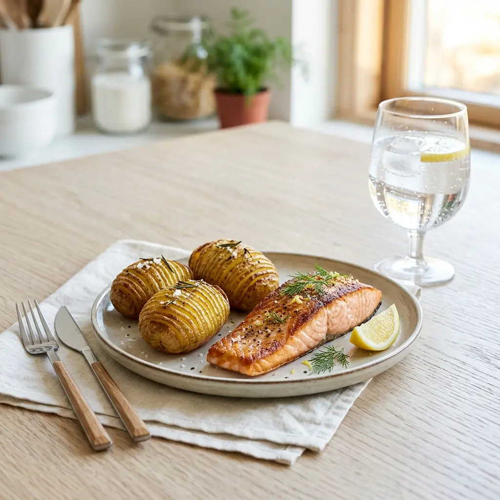 En lækker tallerken med ovnbagt laks med hasselback kartofler serveret med friske krydderurter og citron