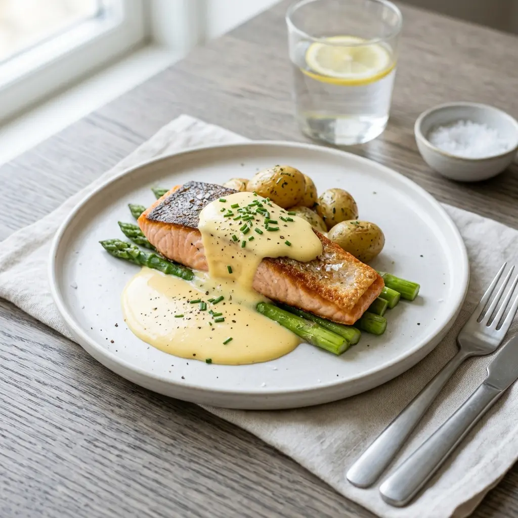 En smukt anrettet tallerken med ovnbagt laks med hollandaisesauce og friske krydderurter som pynt