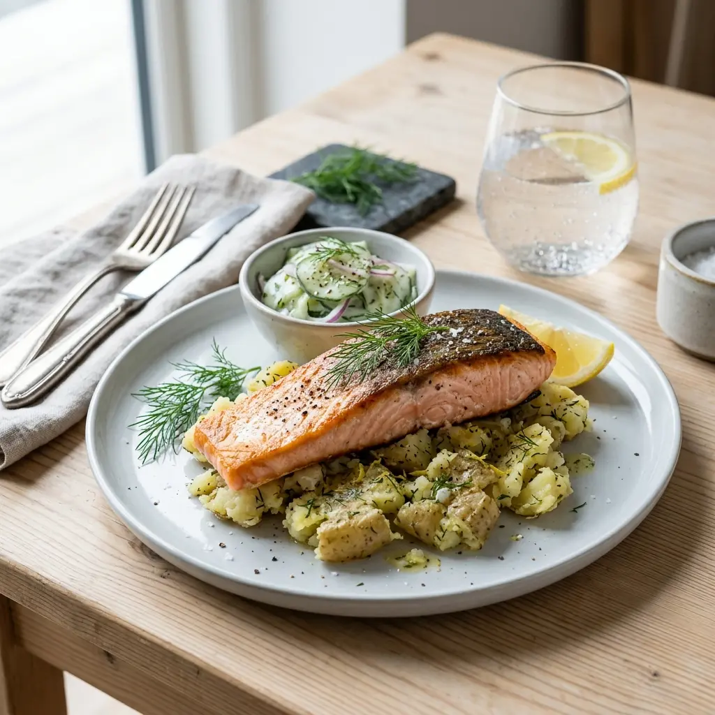 En lækker tallerken med ovnbagt laks med knuste kartofler serveret med friske krydderurter og citron