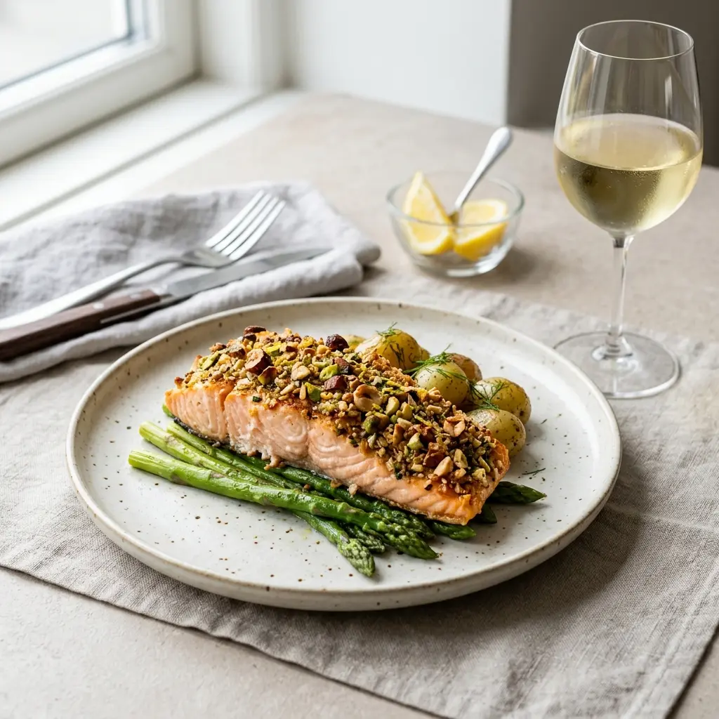 En lækker ovnbagt laks med nøddecrust serveret på en tallerken klar til at blive spist