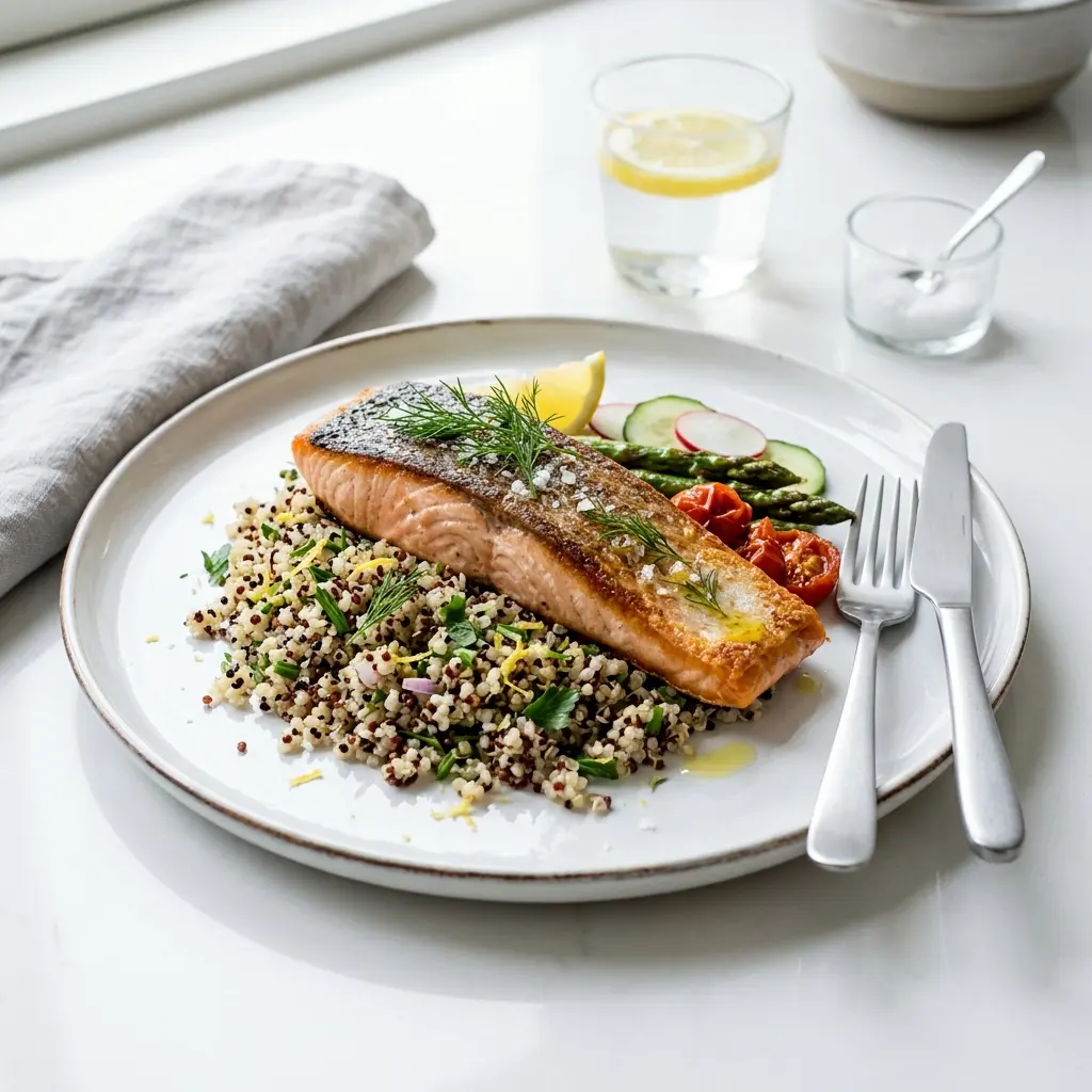 En sund og velsmagende tallerken med stegt laks med quinoa og friske grøntsager til aftensmad