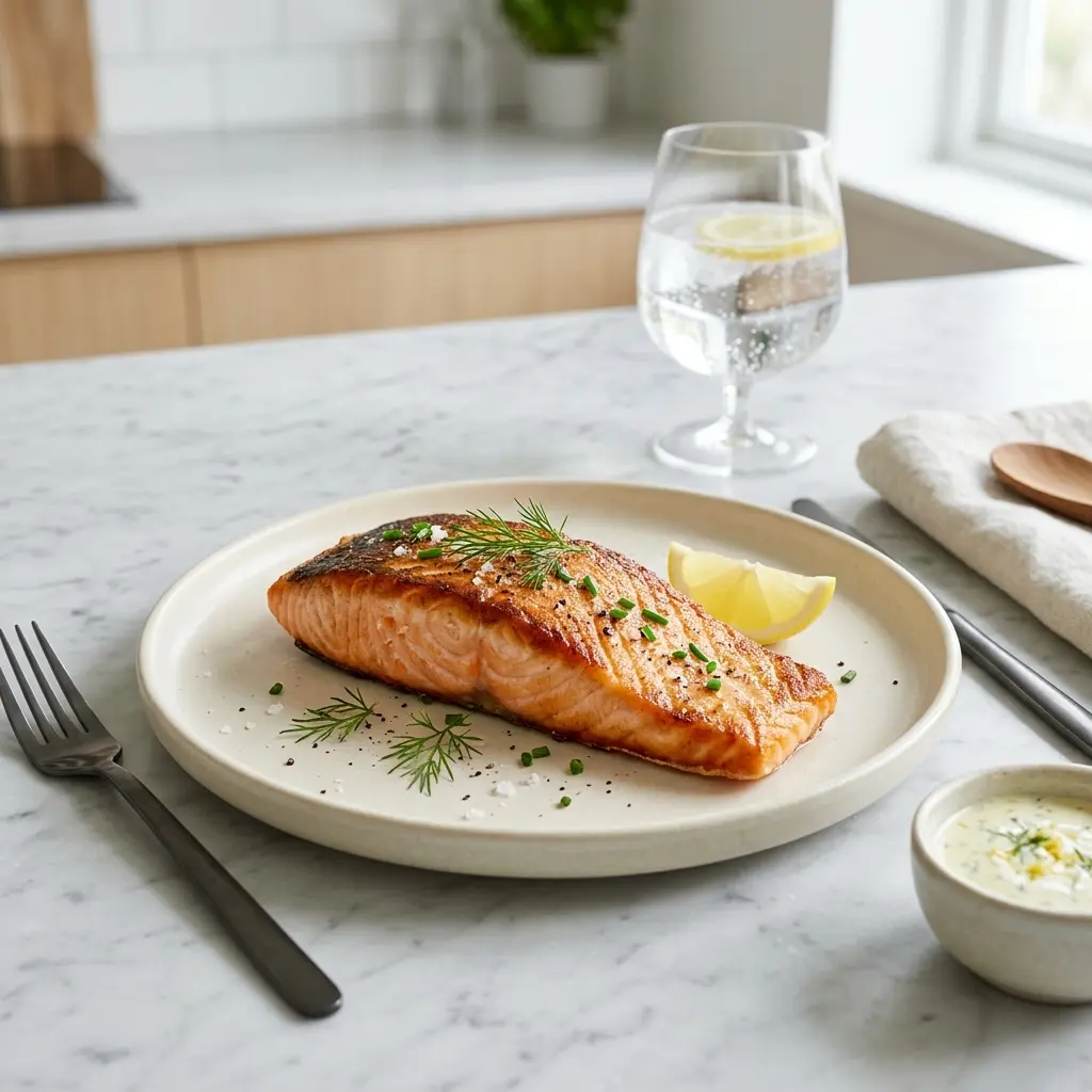 En lækker og sprød laks å panden serveret med friske krydderurter på en tallerken