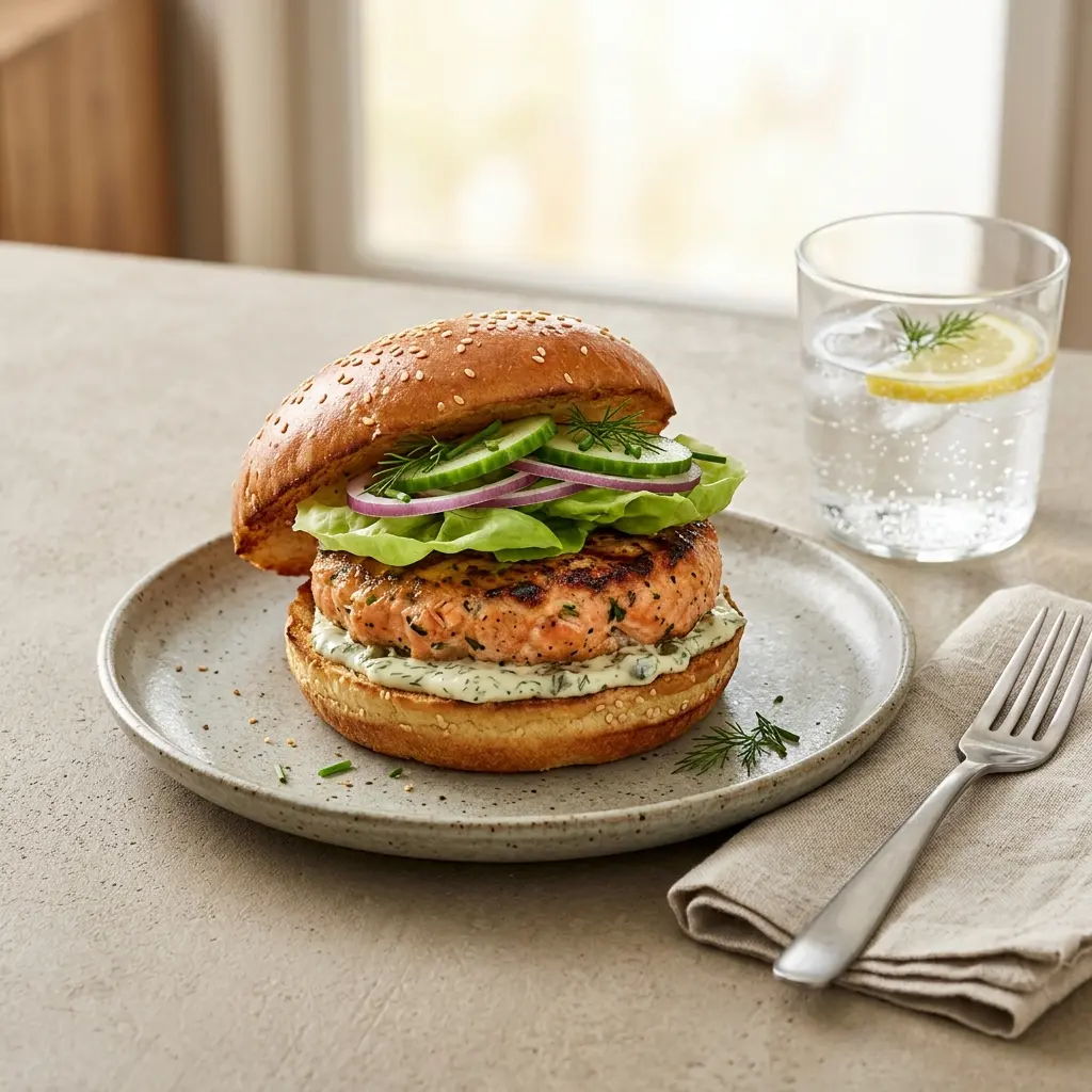 En saftig hjemmelavet lakseburger serveret i en blød bolle med friske grøntsager og cremet dressing