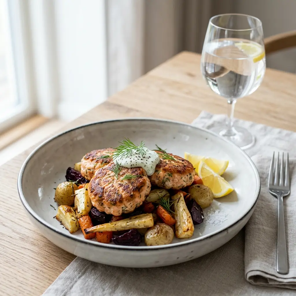 En tallerken med hjemmelavede laksefrikadeller med rodfrugter serveret som et sundt og velsmagende aftensmåltid