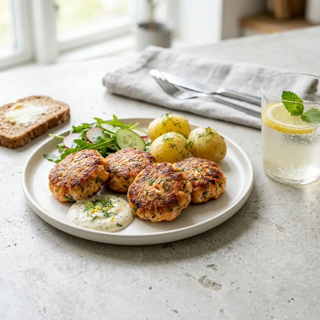 En tallerken med hjemmelavede laksefrikadeller serveret med en frisk citronbåd og sprødt grønt tilbehør