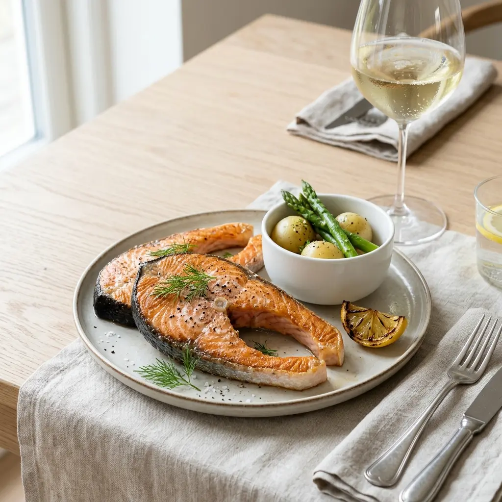 Friske laksekoteletter klar til tilberedning på en pande eller grill med krydderurter og citron