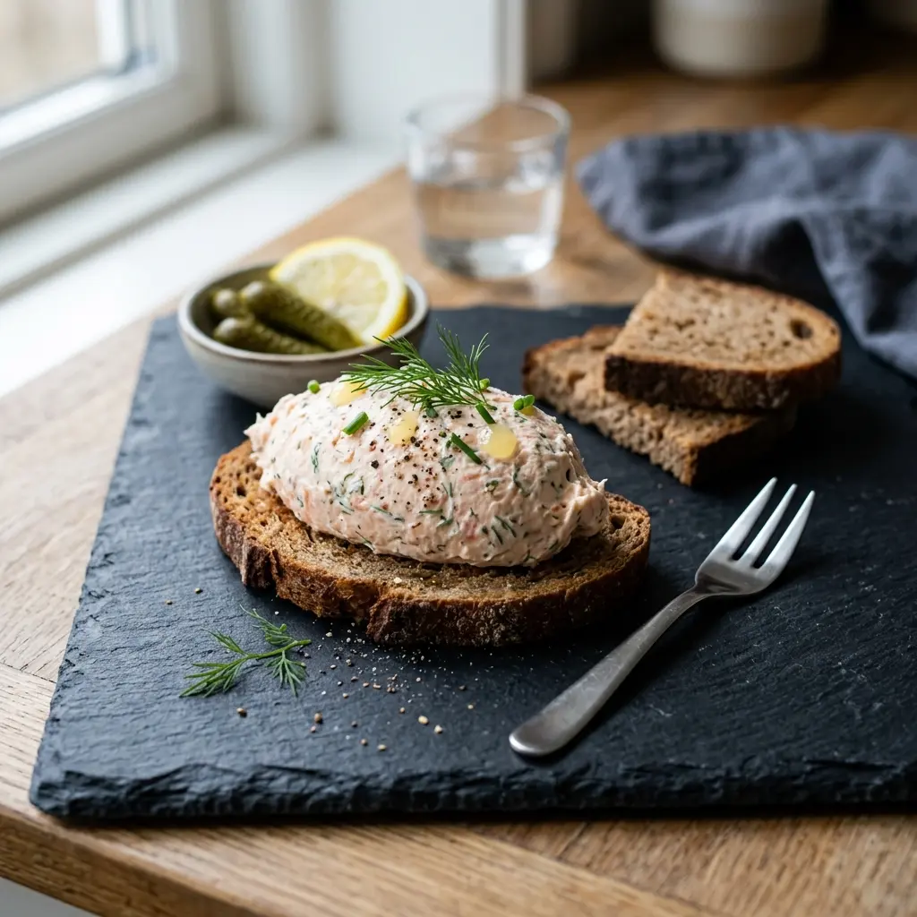 En anretning af cremet laksemousse serveret på en tallerken som en elegant og velsmagende forret