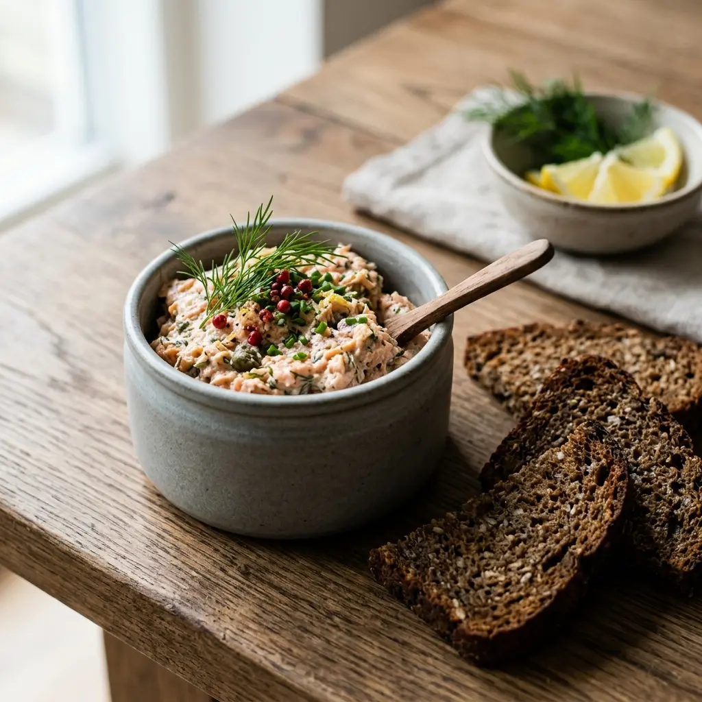 En lækker hjemmelavet lakserilette serveret på sprødt ristet brød med et drys af frisk dild