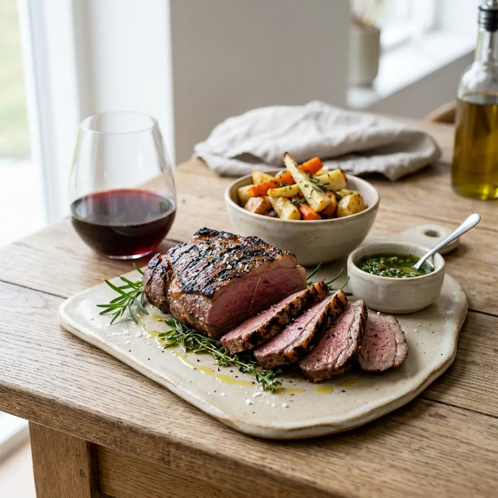 En saftig og veltilberedt lammeculotte å grill klar til servering med et flot stegemønster