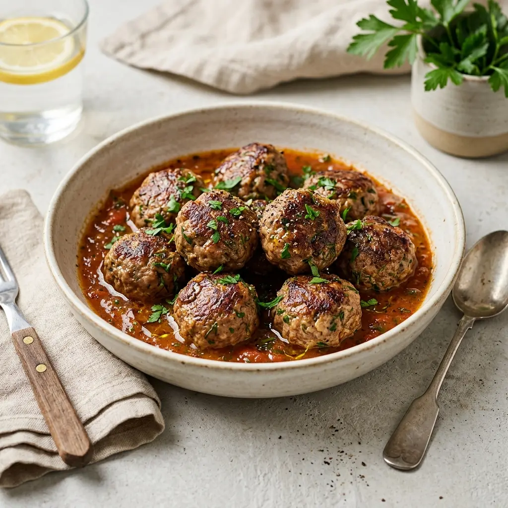 En tallerken med velsmagende lammekødboller serveret med friske krydderurter og en let krydret tomatsauce
