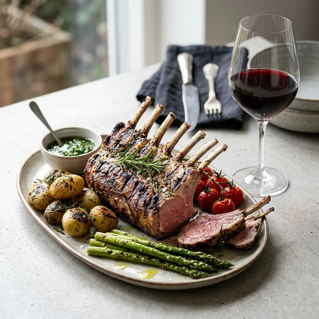 En lækker og saftig lammekrone å grill klar til servering med et flot grillet mønster