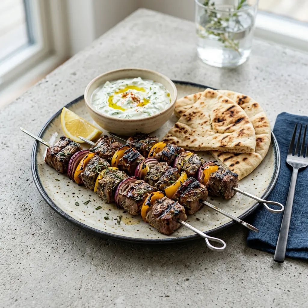 Grillede lammespyd serveret med friske krydderurter på en rustik tallerken klar til servering