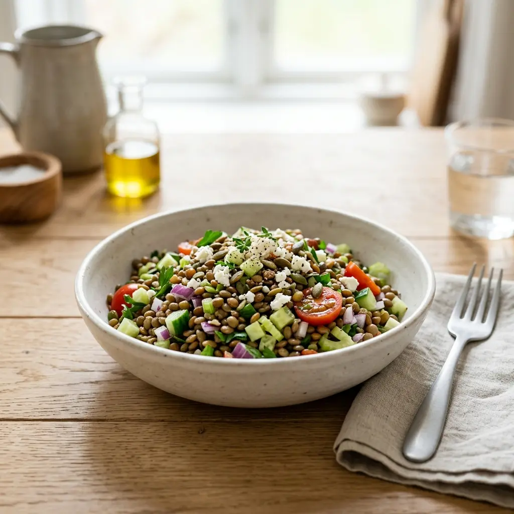 En farverig og sund linsesalat serveret i en dyb skål som en frisk vegetarisk frokostret