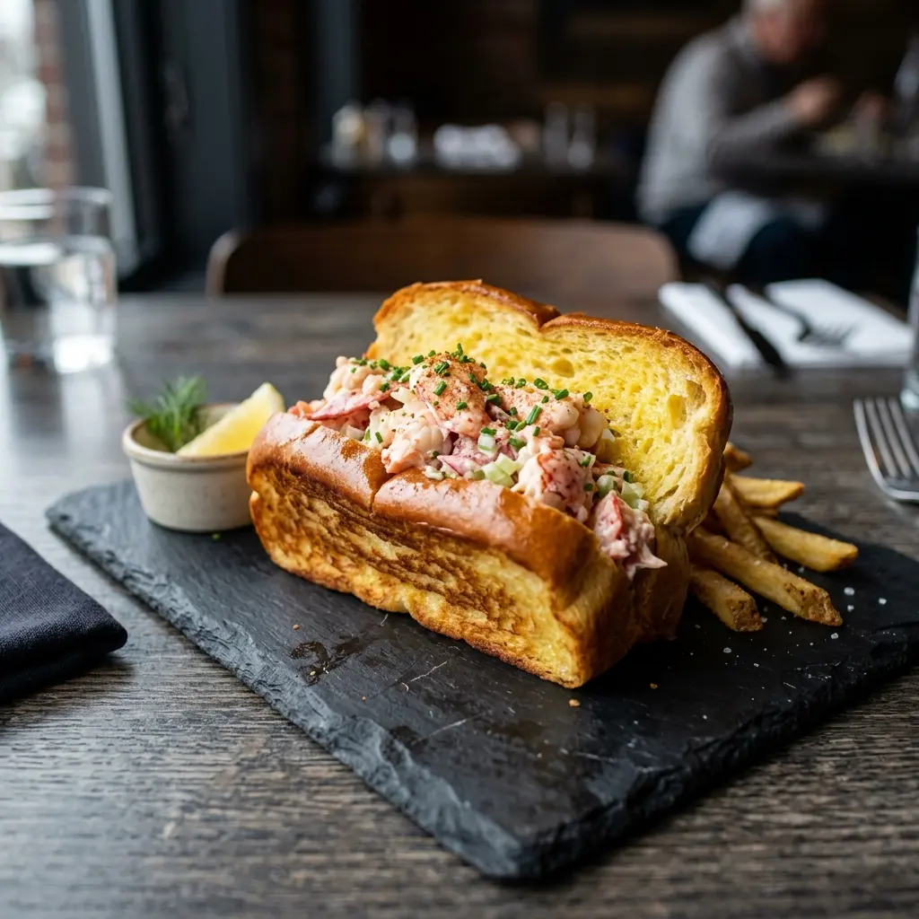 En lækker lobster roll serveret i en ristet briochebolle med friske krydderurter og citron