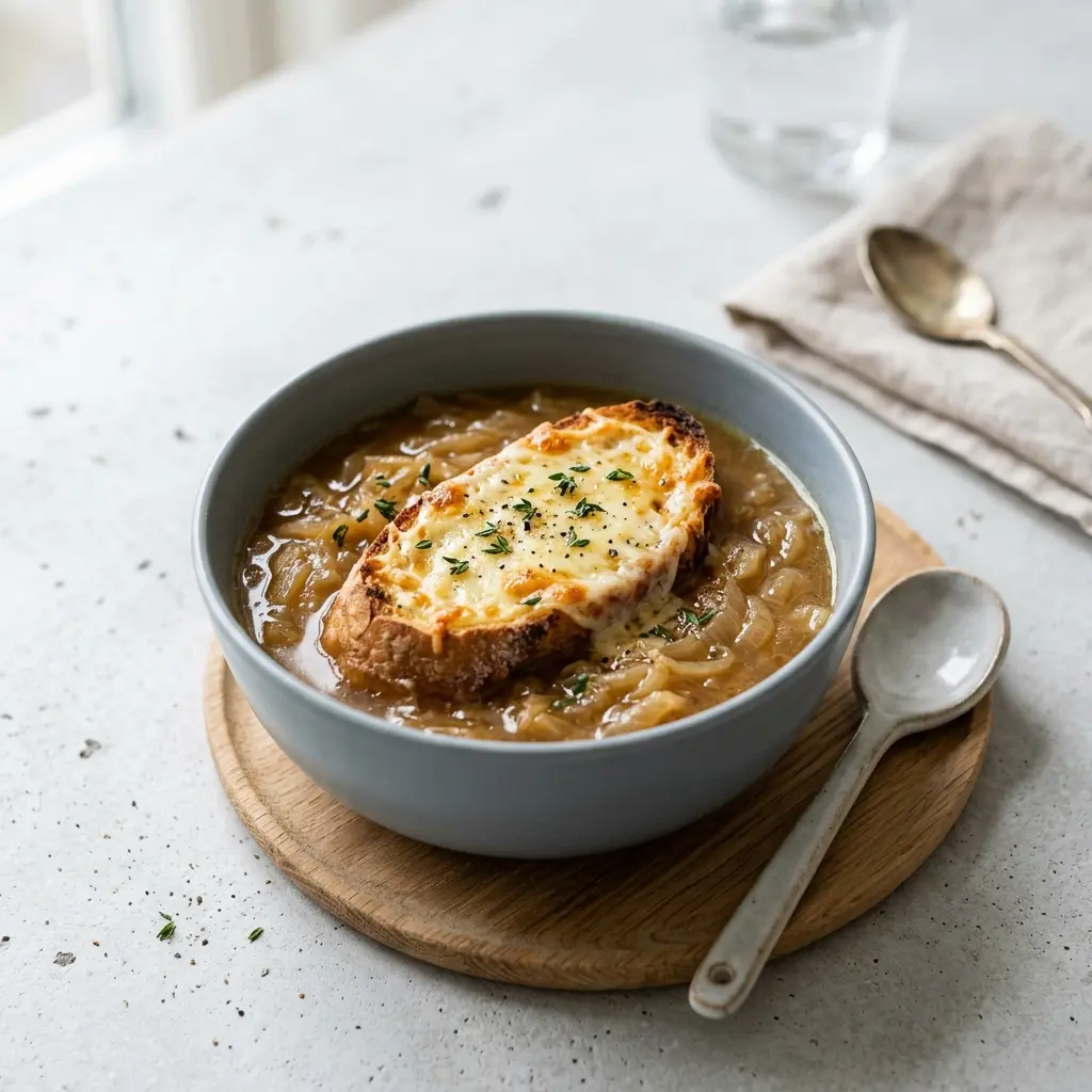 En varm og cremet fransk løgsuppe serveret i en dyb tallerken med gratineret ost på toppen