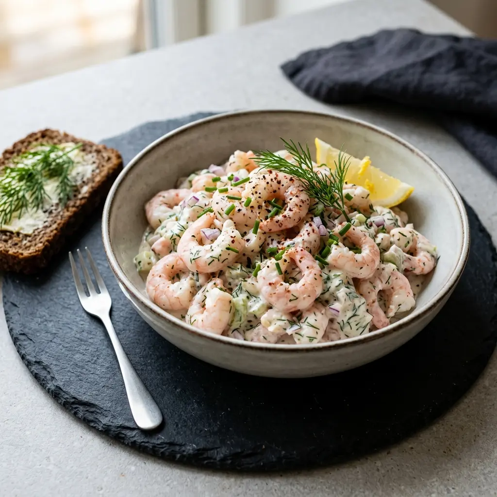 En anretning af en cremet luksus rejesalat pyntet med friske krydderurter og serveret på sprødt brød