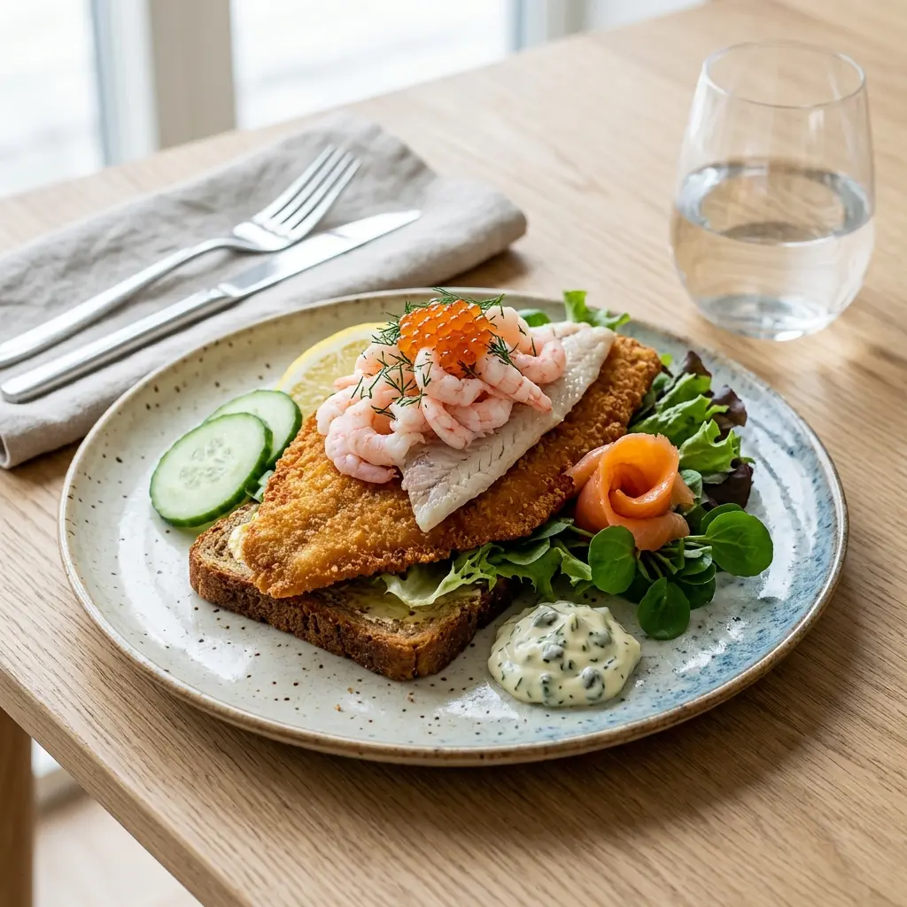 Et flot anrettet luksus stjerneskud med friskstegt fisk, rejer og asparges på ristet brød