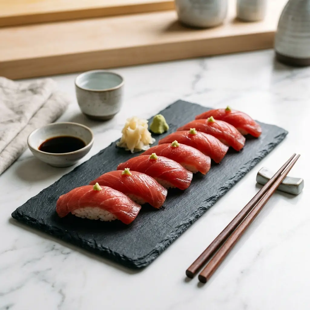 En flot anrettet portion maguro sushi med frisk tun serveret på en lille hvid tallerken