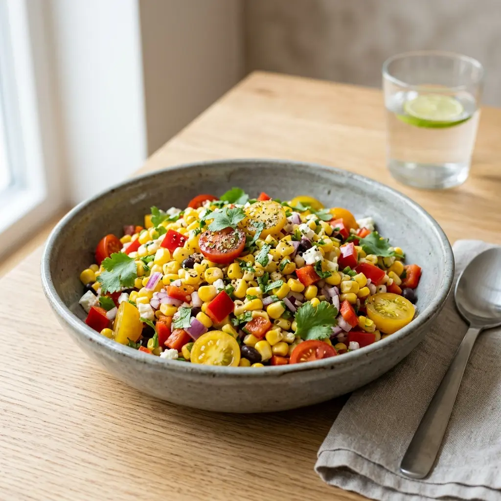 En frisk og farverig maissalat serveret i en skål som et lækkert og sundt tilbehør