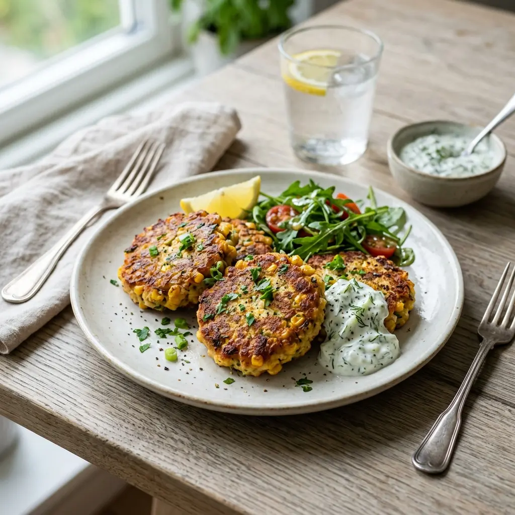 En tallerken med gyldne og sprøde majsfrikadeller serveret som et lækkert vegetarisk måltid på bordet