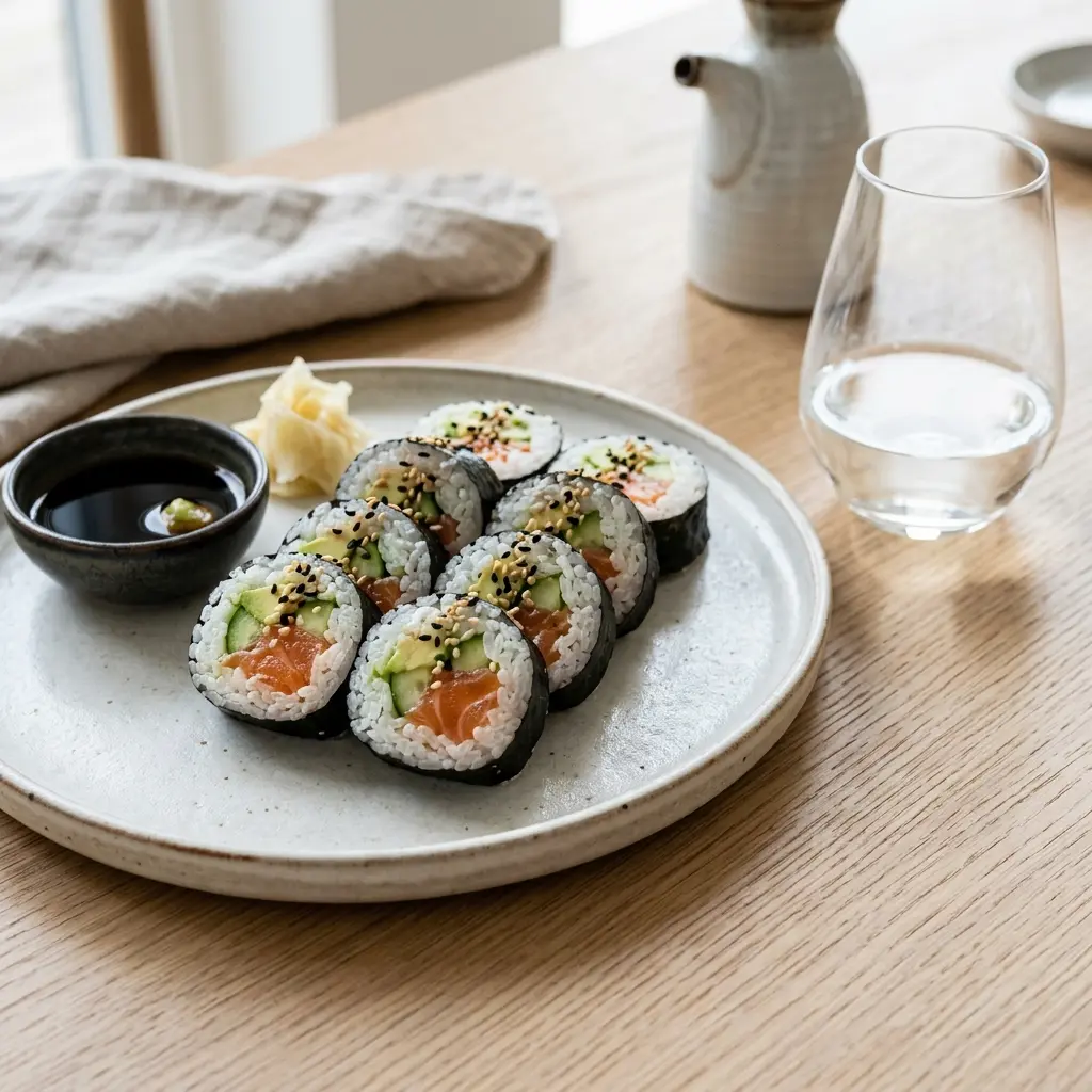 En flot anretning af hjemmelavet maki med laks serveret med frisk ingefær og wasabi