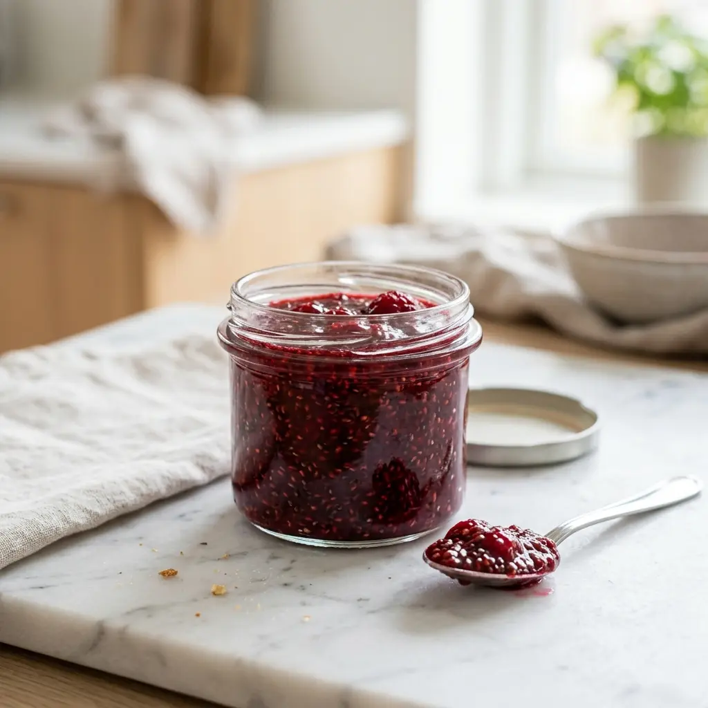En hjemmelavet marmelade med chiafrø serveret i en lille glaskrukke klar til morgenbordet