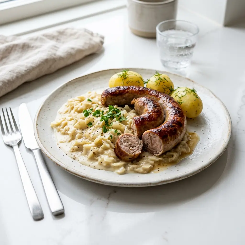 En lækker tallerken med stegt medister med stuvet hvidkål serveret som en klassisk dansk hverdagsret