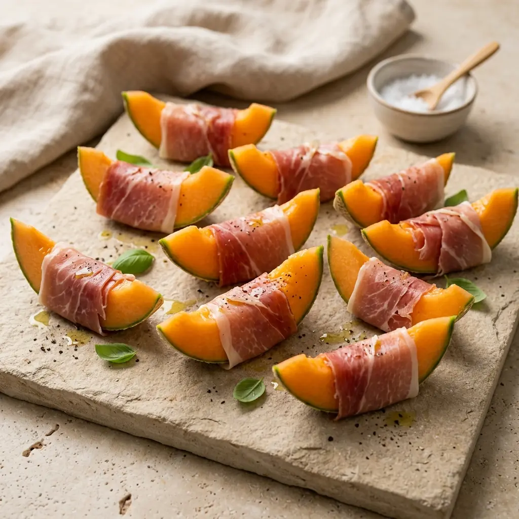 En tallerken med frisk melon med parmaskinke anrettet som en klassisk og velsmagende forret