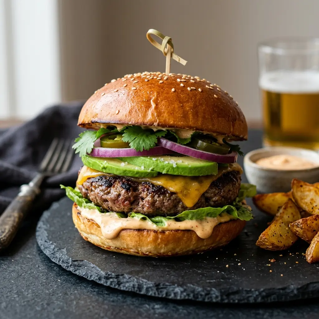 En lækker mexicansk burger serveret med friske ingredienser og krydrede elementer på en tallerken