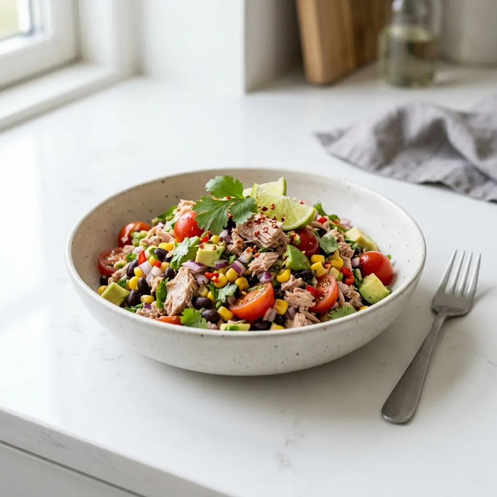 En farverig og frisk mexicansk tunsalat serveret i en skål som en sund frokostret