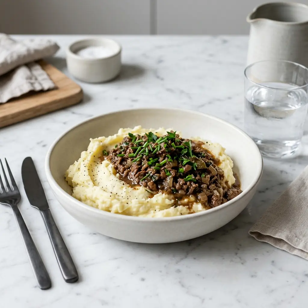 En klassisk portion millionbøf med kartoffelmos serveret i en dyb tallerken med frisk persille på toppen